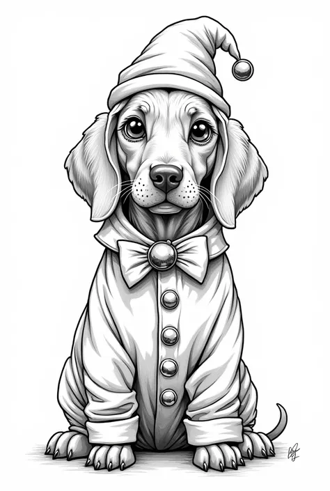 beautiful vizsla with big eyes in Peaky Blinders style in a Christmas elf costume as a coloring page in black and white
