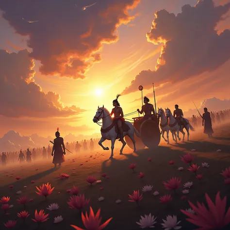 Imagine a vast battlefield at dawn, with the legendary Kurukshetra war unfolding. In the background, the sky is a mix of deep orange, purple, and golden hues, symbolizing the intensity and grandeur of the moment. Amidst the chaos of the battlefield, Lord K...