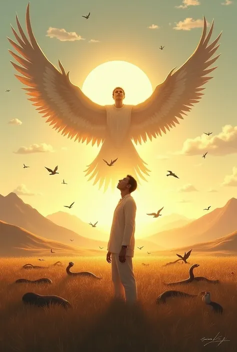 A scene of a man or woman standing in an open field, surrounded by the soft, golden light of the sunset. Above them, large outstretched wings cast a protective shadow, symbolizing the presence of God. In the background, there are mountains and a clear sky,...