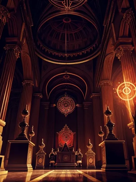 Create an ultra-detailed image of a group of male Freemasons gathered in a Masonic temple, summoning a demon. The mood should be dark and mysterious, with light and shadow to accentuate the occult atmosphere. The Masons are dressed in their traditional gar...