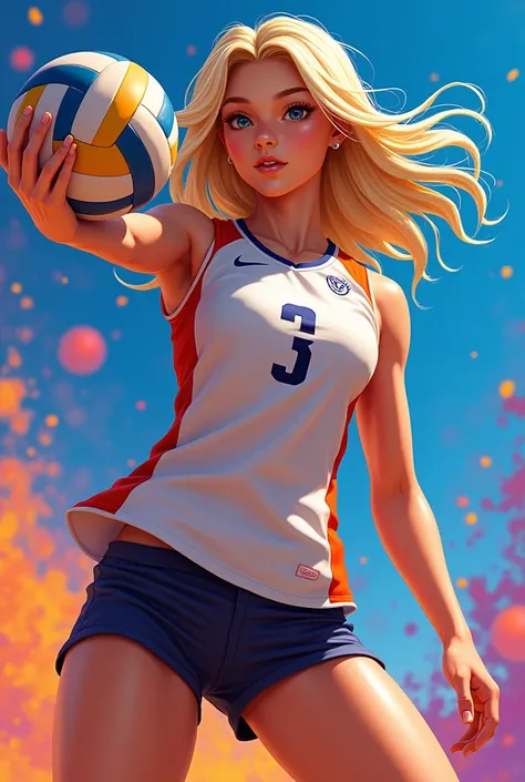 one , blonde, volleyball player, with a colored background and a volleyball