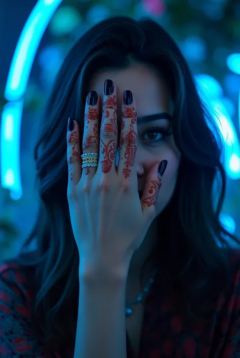 Beautiful woman hiding her face by hand with  mehendi design and black nailpolish art with blue neon light background in a flower garden 