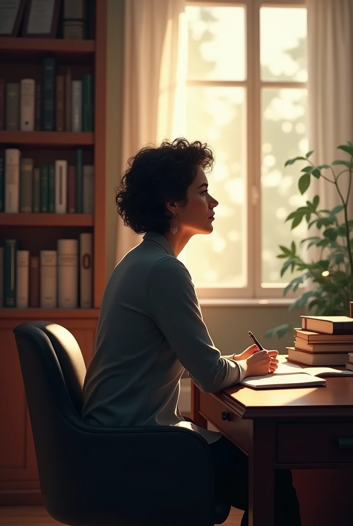 A woman of about 50 years old. black hair, short, curly. In an environment like an office. A table with books.  the woman is facing away. looking out the window 
