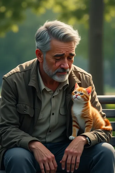 With big tears rolling down his cheeks, he sits on a bench, the disappointment palpable, while the kitten nuzzles him, trying to comfort his dad.