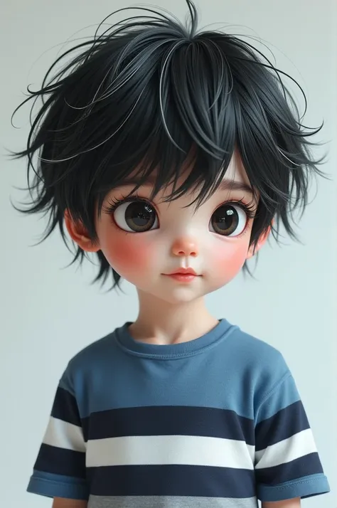 Child with black hair mixed with white with a t-shirt with a blue stripe a small white stripe and a black stripe