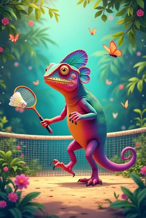 drawing of a colorful chameleon playing badminton