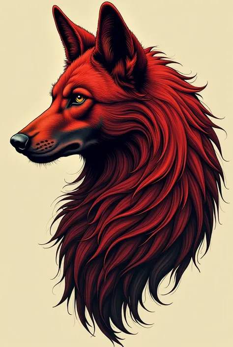 Draw a dark red maned wolf in an old style, like an emblem, focusing only on the head and torso, without the legs. The wolf must be in profile, with its characteristic ears highlighted, using bold, vintage-looking lines, conveying nobility and an air of an...