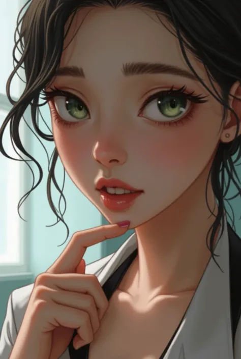 A light-skinned woman, long black hair, greeneyes. She has big breasts and a big ass. She is wearing a white shirt with medium sleeves and a black skirt and black shoes and is inside a classroom with a blackboard behind her.