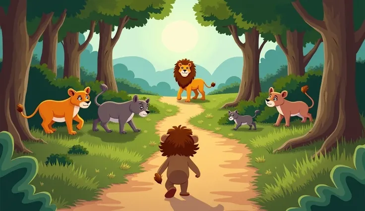 Each day, a different animal is seen walking nervously towards the lion’s den. The background shows a path leading through the forest with the lion waiting in the distance. A sad-looking animal walks towards the lion, while other animals watch from behind ...