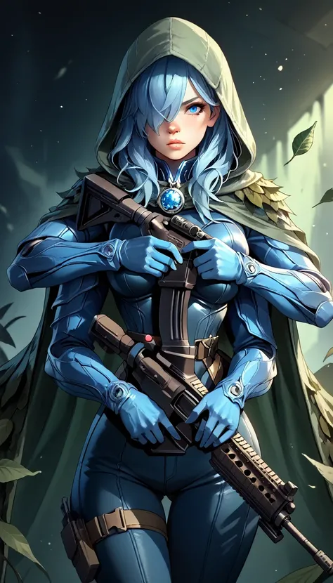 (zPDXL2), (PonyXLV6_Scores), source_anime, Expressiveh, solo, four-quarter portrait, rating_safe, BREAK

1girl, (four arms), short spiky hair, blue hair, hair covering one eye, blue eyes, (blue skin, blue hands, blue body), (wearing (green camo cape with h...