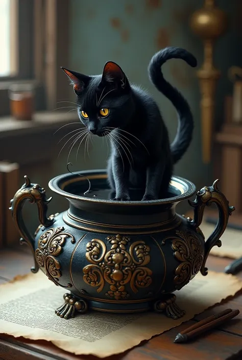 Black cat coming out of an inkwell