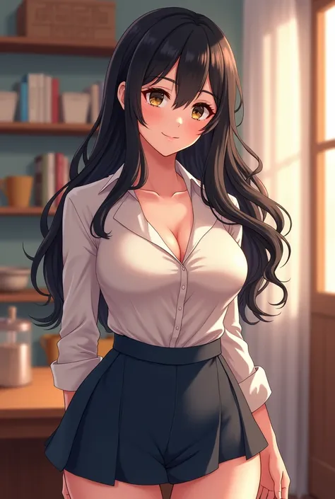 woman, looking like he&#39;s 40 years old, big breasts, black hair, she is a little chubby, but very beautiful, wearing a school lunch outfit, but the clothes must be very tight, detailing her beautiful body, the blouse must have a neckline, your gaze is g...