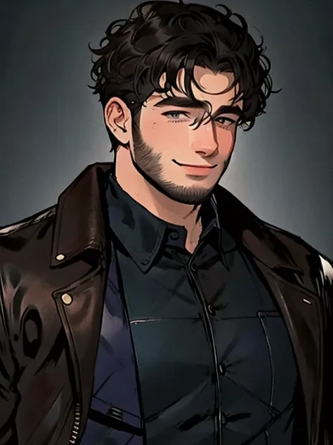 a smiling curly-haired man in the American Crow haircut, blue-eyed and bearded, wearing a brown leather jacket with velvet on the neck and sleeve ends, a blue plaid shirt underneath and black jeans and black sneakers, bad guy, ex policial.