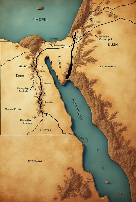 An ancient map showing the Kingdom of Kush located south of Egypt, in the region of Nubia, with the Nile River flowing through it. The map highlights Kush’s proximity to Egypt, indicating its strategic importance in ancient times. The desert and river land...