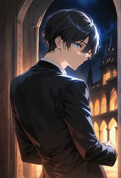 A young man with black hair and blue eyes in a black suit turned his back and half his face in the in the middle of the palace at night