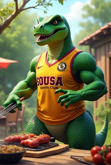 A green muscular humanoid dinosaur preparing barbecue wearing the Sousa Sport club shirt