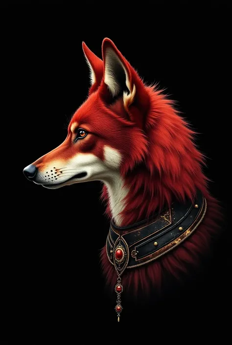 Draw a dark red maned wolf in an old style, focusing only on the head and torso, without the legs, with a completely black background. The wolf must be in profile, with its ears highlighted, drawn with thick, aged lines, conveying a feeling of mystery and ...