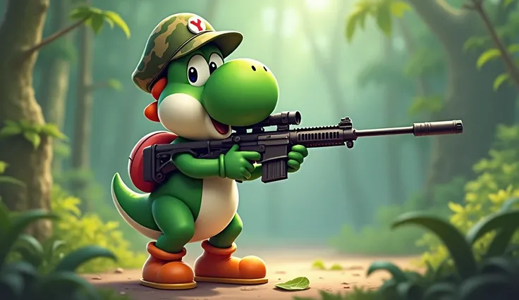 Cute drawing of Yoshi in army uniform with sniper rifle in hand , written text: highlights Games Sid 