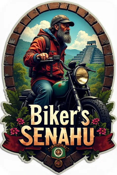 Create a realistic biker sticker that has a Tikal and the Guatemalan flag that says BIKER&#39;S SENAHU 