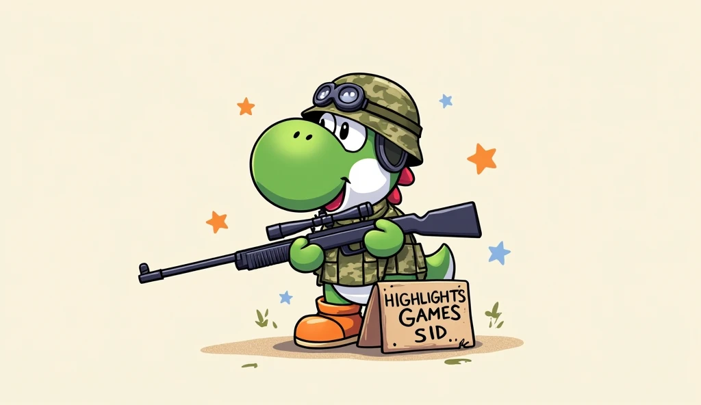 Cute drawing of Yoshi in army uniform with sniper rifle in hand, sign with written text: highlights Games Sid 