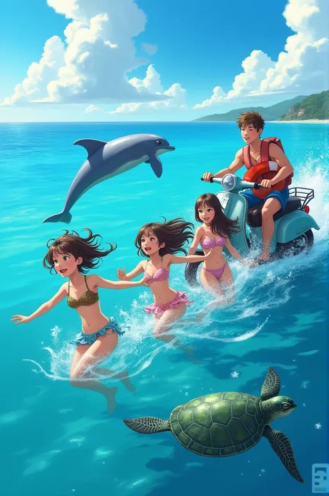 Three girls are swimming in the sea with a dolphin and turtles and a guy is swimming nearby on a scooter with a lifebuoy in his hands