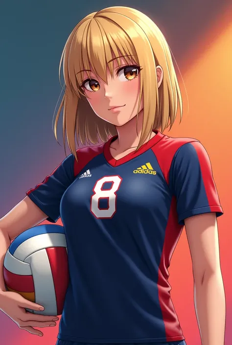 one , blonde, medium hair, brown eyes, volleyball player, with navy blue uniform and red details on the sleeve, number 8 shirt, with colored background and holding a volleyball, realistic style
