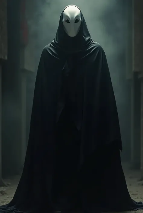 Create a mysterious villain with a white mask and no face, with dark clothes