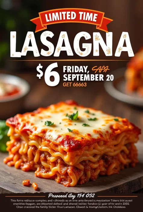 I want a lasagna sale ad and the image to contain the following information: The price is $6 ,Home delivery,  The sale will be on Friday, September 20. The lasagna is made with meat and the number to place an order is 0999503419.