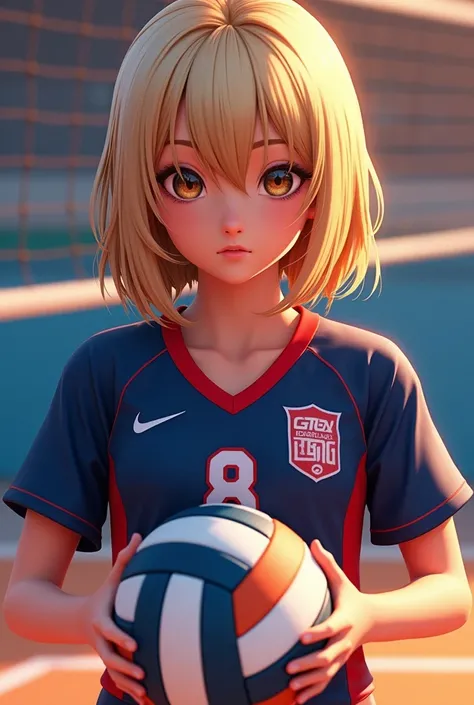 one , blonde, medium hair, brown eyes, volleyball player, with navy blue uniform and red details on the sleeve, number 8 shirt, with colored background and holding a volleyball, realistic style
