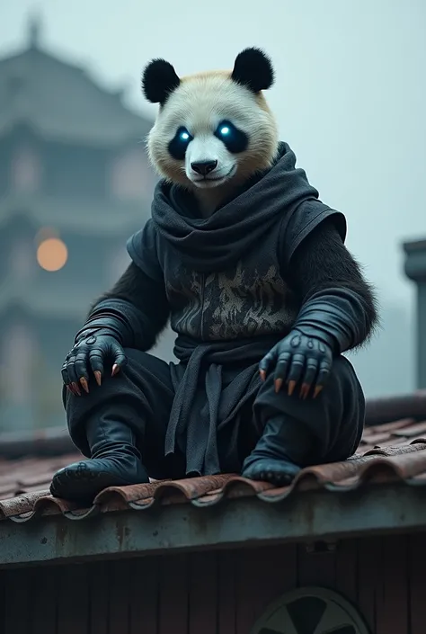 Handsome panda as modern ninja, with glowing blue eyes, sitting on the roof of the flood protection house 