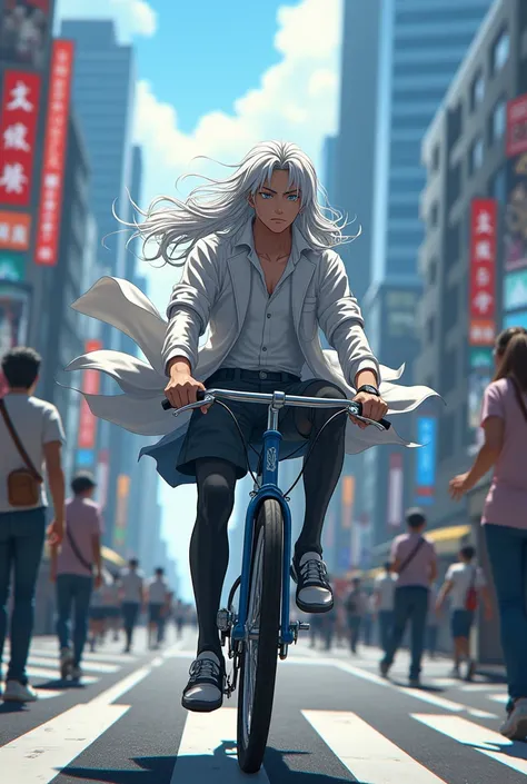 Gojo Satoru riding a bicycle in Shibuya