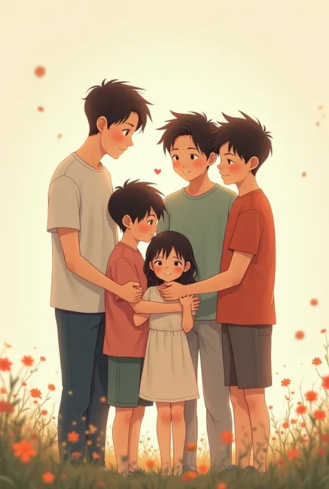  illustration cartoon/anime  family with 5 big brothers and 1 sister with  make them a little bit slender and color pallet must be smoother and pastel