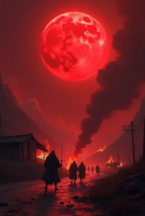  At night blood moon bloody road  bloody hills bloody rood few shop are burning in a side of a road  and flaming also big amont of smoke floating in the sky.fighting between two religions in fornt of the road

Everything looks great 
Just change it into bl...