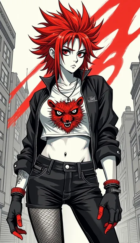 Monochrome manga art style, striking red-haired mullet man, sharp angles defining  features, striking cropped punk rat shirt displaying vivid graphics, paired with stylish low-rise jeans, intricately designed fishnet stockings visible, bold Hugo eyeliner a...