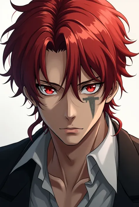 Anime, Male, Aesthetic look, Red eyes, Red hair, Stylish, Serious look, Adult Male look, An old blade scratch in right cheek , Only upper body showing