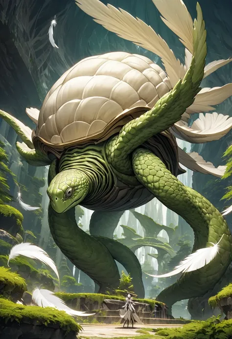 enormous, fantastical creature that resembles a giant moss-covered sea turtle, but on a massive scale, serving as a living airship. Its body is covered in soft, white feathers, and its head is adorned with elegant feather ridges that sweep backward. The cr...