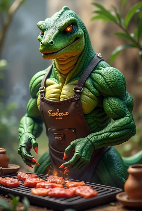 A green muscular humanoid dinosaur preparing barbecue with the word written on his shirt"BARBECUE"