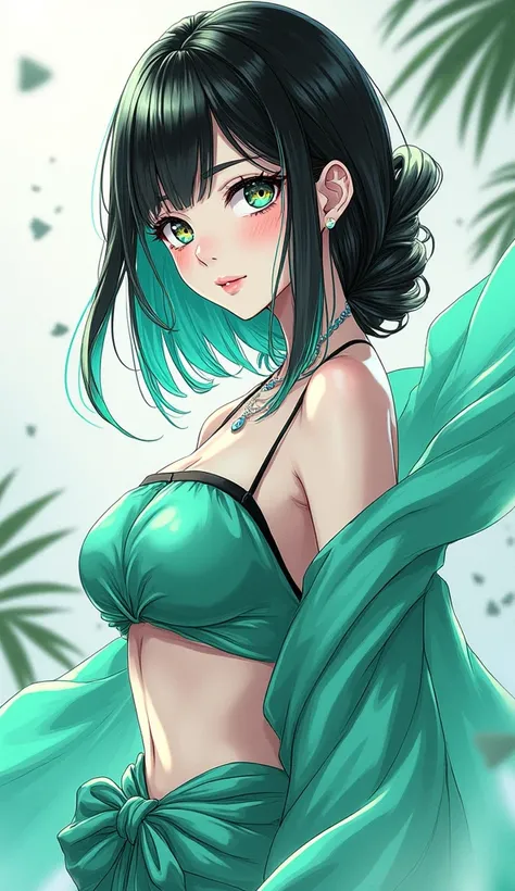 Monochrome manga art style, full clothed body portrait of a captivating anime female character, age 23, sleek black hair adorned with vibrant seafoam green streaks, stylishly slicked to one side showcasing bishōnen bangs, gracefully braided sidelocks frami...