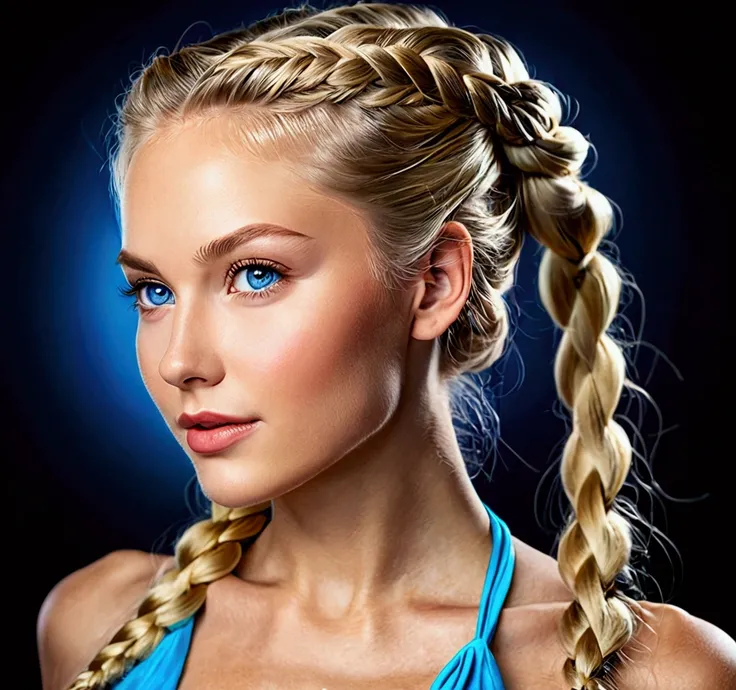 Create a real picture of a youthful looking woman with long blonde hair tied in a braid, she should have blue eyes and a seductively sexy body 