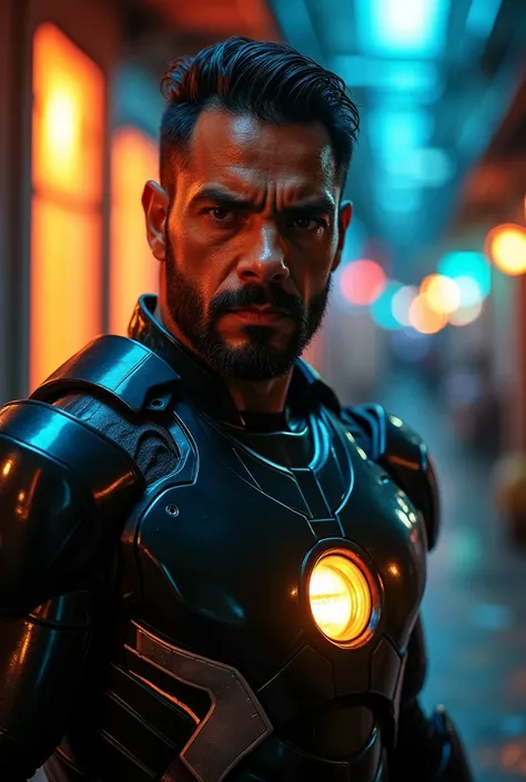 A very angry tough body shaped, good looking beard Malay middle age man,very short hair,sweating,very close up image,HD,brown eyes,glowing picture,wearing black ironman suit,posing,dark alley,at night,neon light,orange and blue lighting,at cyberpunk city