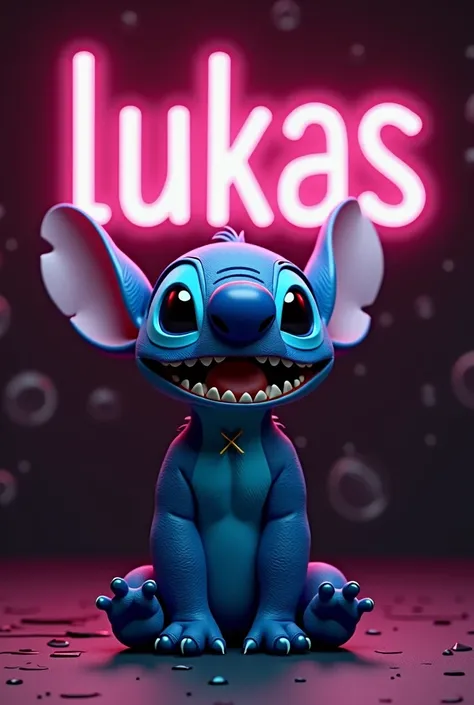 create the character of Stich in realistic 3D and write the first name in very thick neon mode " lukas " sur fond noir sur le thème de Disney Stitch