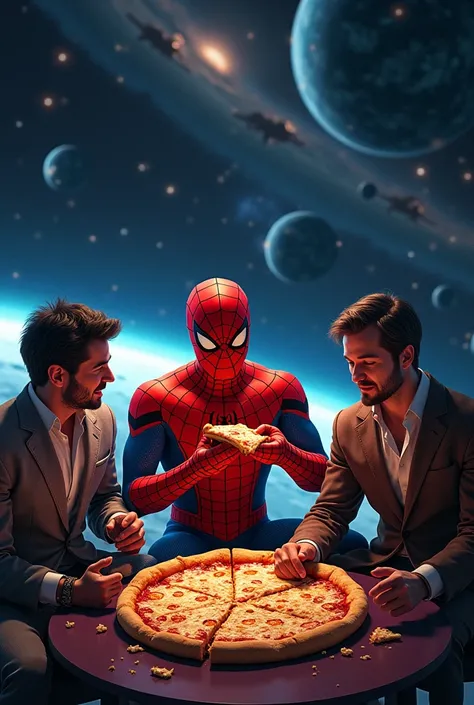 Spiderman eating pizza with Freddy and Fede Vigevany in space  