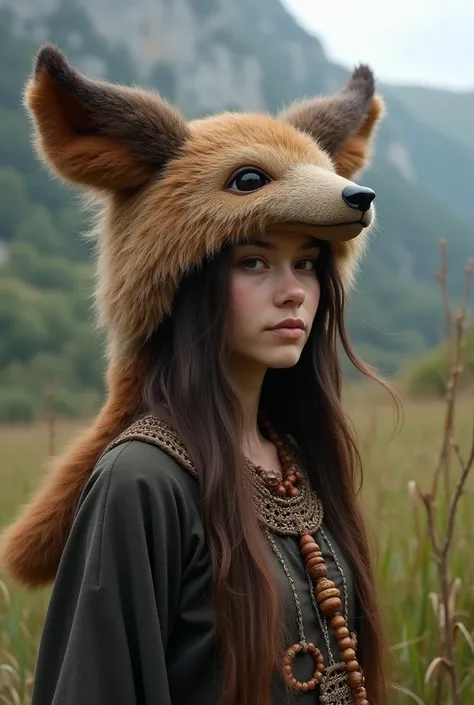 Human wearing an animal pelt tail hat 