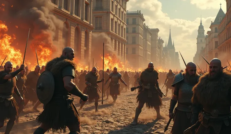 Vikings storming the walls of Paris, with fire and destruction everywhere.