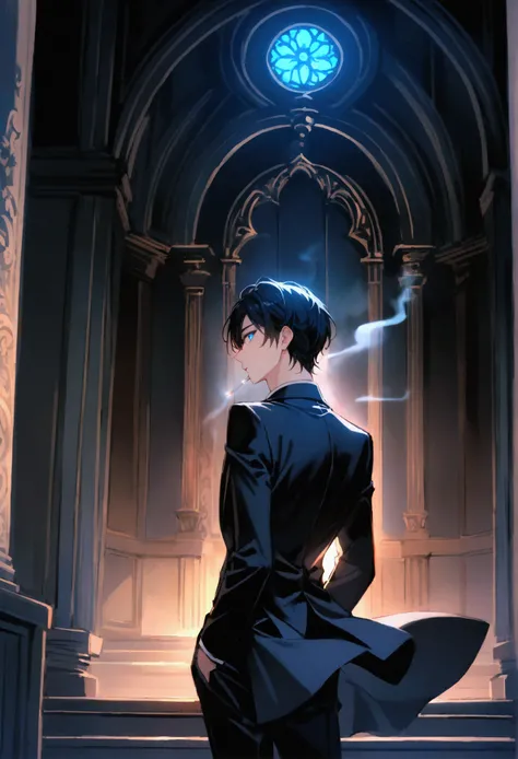 A young man with black hair and blue eyes in a black suit turned his back and half his face smoking a cigarette in the in the middle of the palace at night