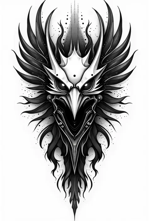 Title: Tatuagem em Preto e Branco - eagle mask Ciborgue

Descrição do Design:

format:

The design should have an elongated and fluid shape, ideal for fitting on the inside of the forearm, about 10 cm tall.
eagle mask:

in the center, create an eagle mask ...