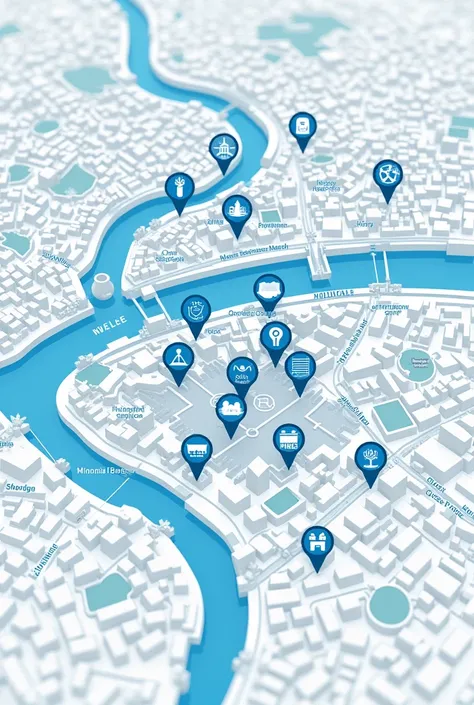 create a GPS style map with varying locations showing police stations in shades of blue with a closer overhead view
