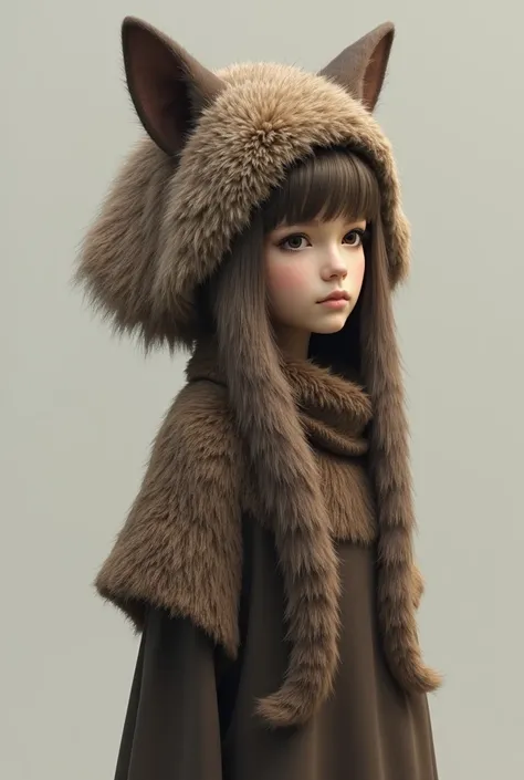 Human wearing a pelt tail hat 