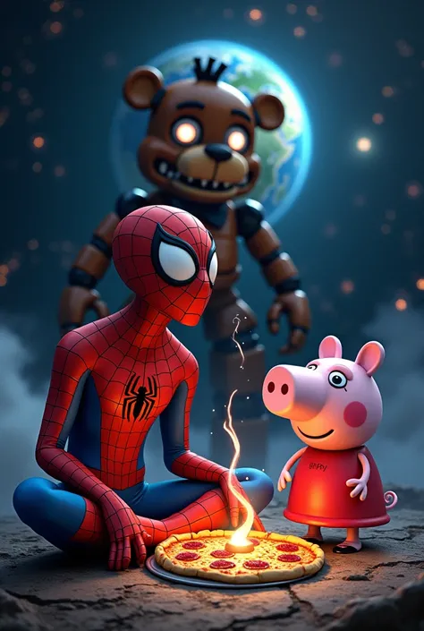 Spiderman eating pizza with Freddy from fnaf and Peppa pig in space  