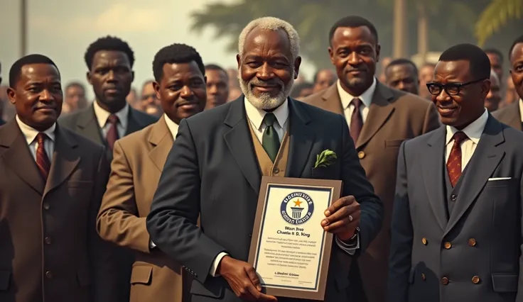 Guinness World Records logo and a 30-year-old president from Africa, Liberia, receiving his Guinness record plaque. The name CHARLES D is clearly visible on the plate..b. king, while the president smiles proudly, surrounded by people celebrating this histo...